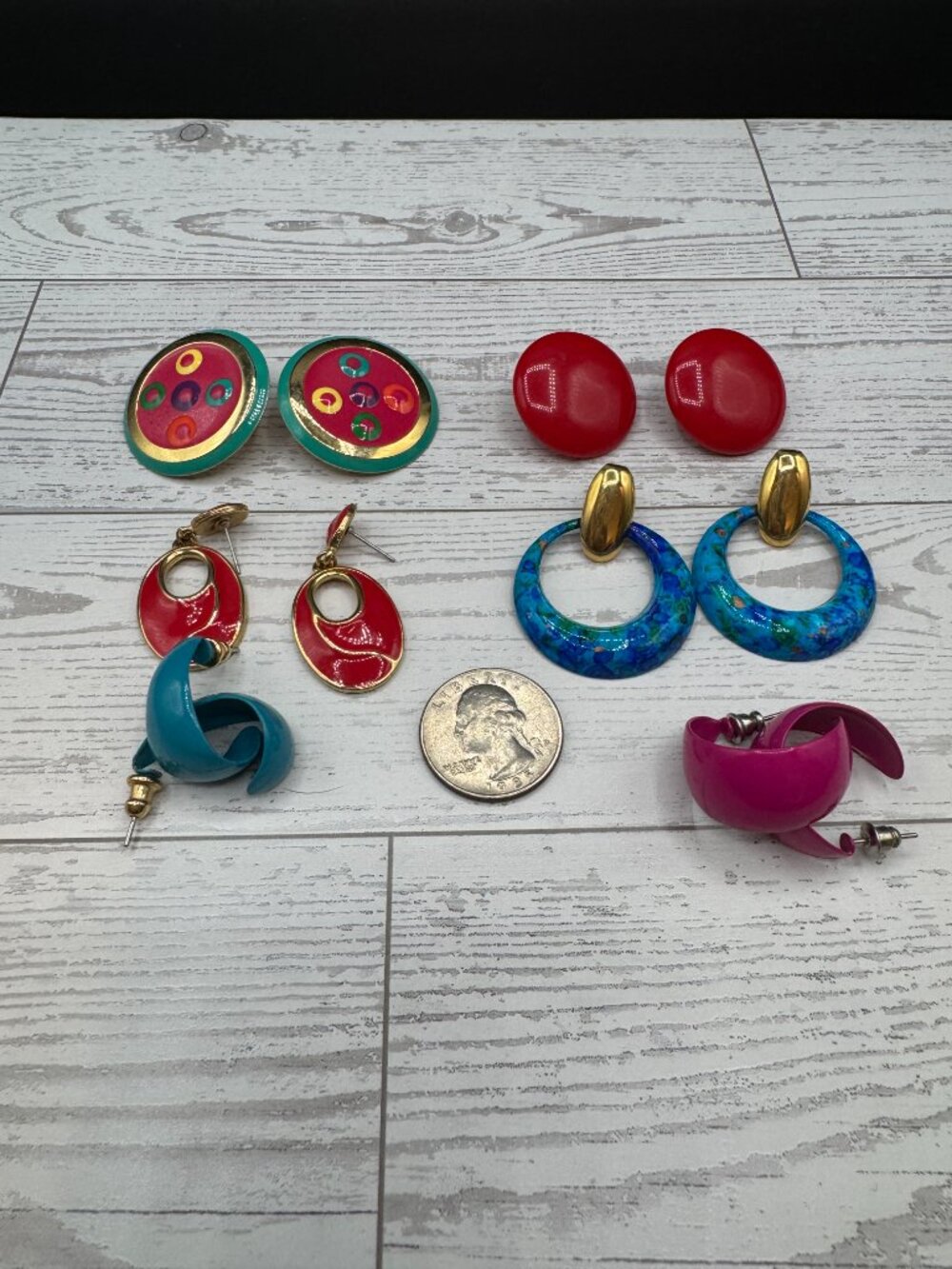 Vintage 80s 90s Statement Earrings Lot Chunky Colorful Enamel Geometric Pierced - Picture 3 of 6